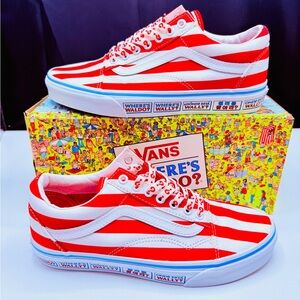 Vans Red and White Striped Sneakers with Where's Waldo Design